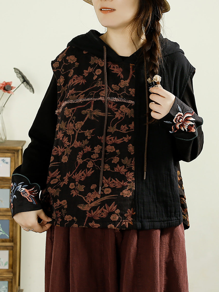 Women Autumn Vintage Flower Spliced Hooded Cotton Vest AI1037