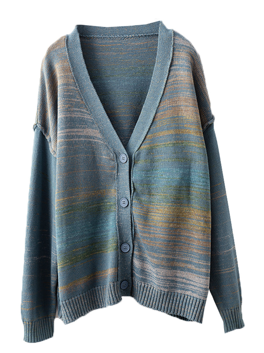 Women Autumn Artsy Colorful Knit V-Neck Cardigan Sweater AI1077