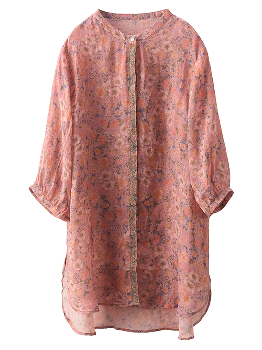 Women Summer Artsy Floral Spliced Ramie Long Shirt BN1007