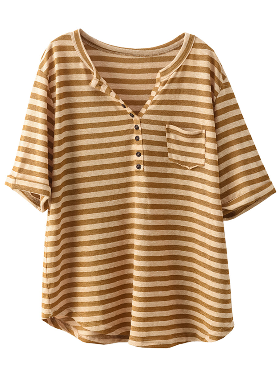 Women Sumer Casual Stripe V-Neck Button Shirt II1019