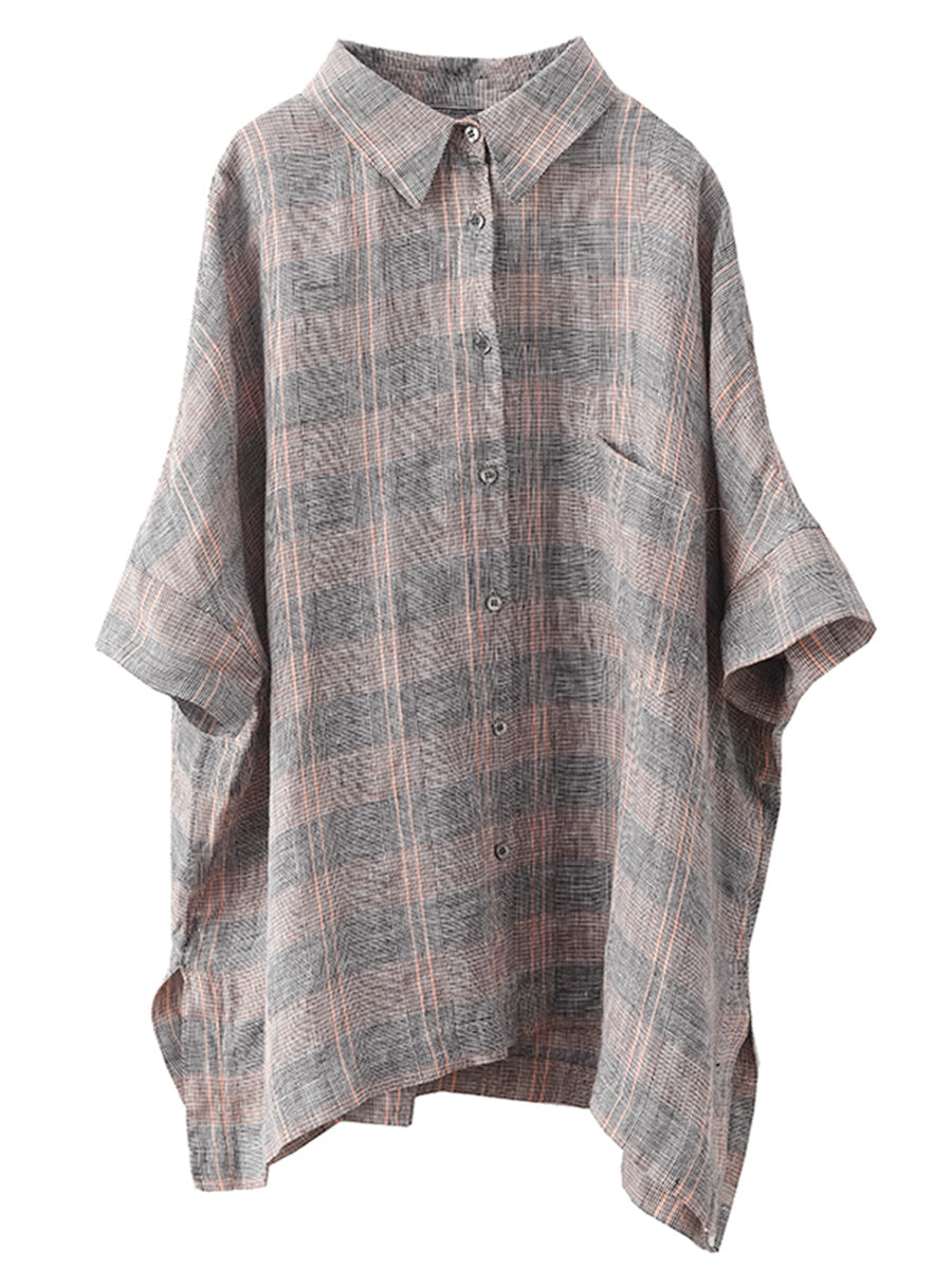 Women Retro Summer Plaid Linen Button-Up Blouse CO1006