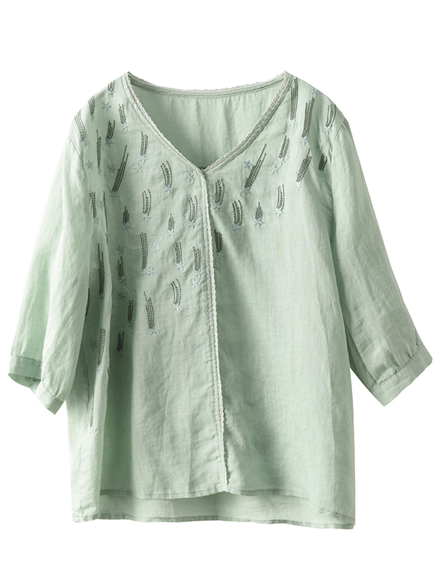 Women Summer Artsy Embroidery V-Neck Ramie Shirt FD005