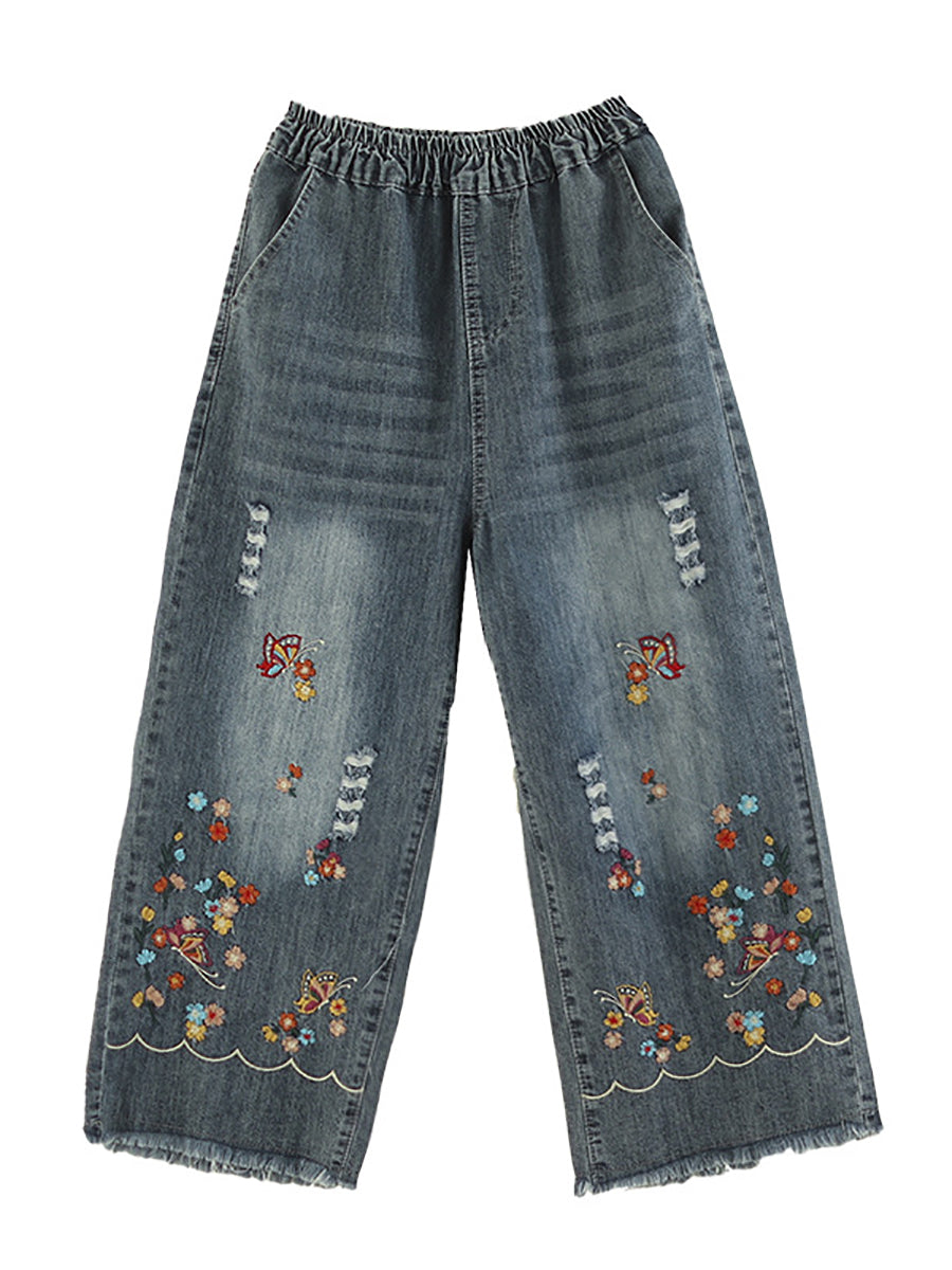 Women Summer Retro Embroidery Frayed Straight Denim Pants AS1042