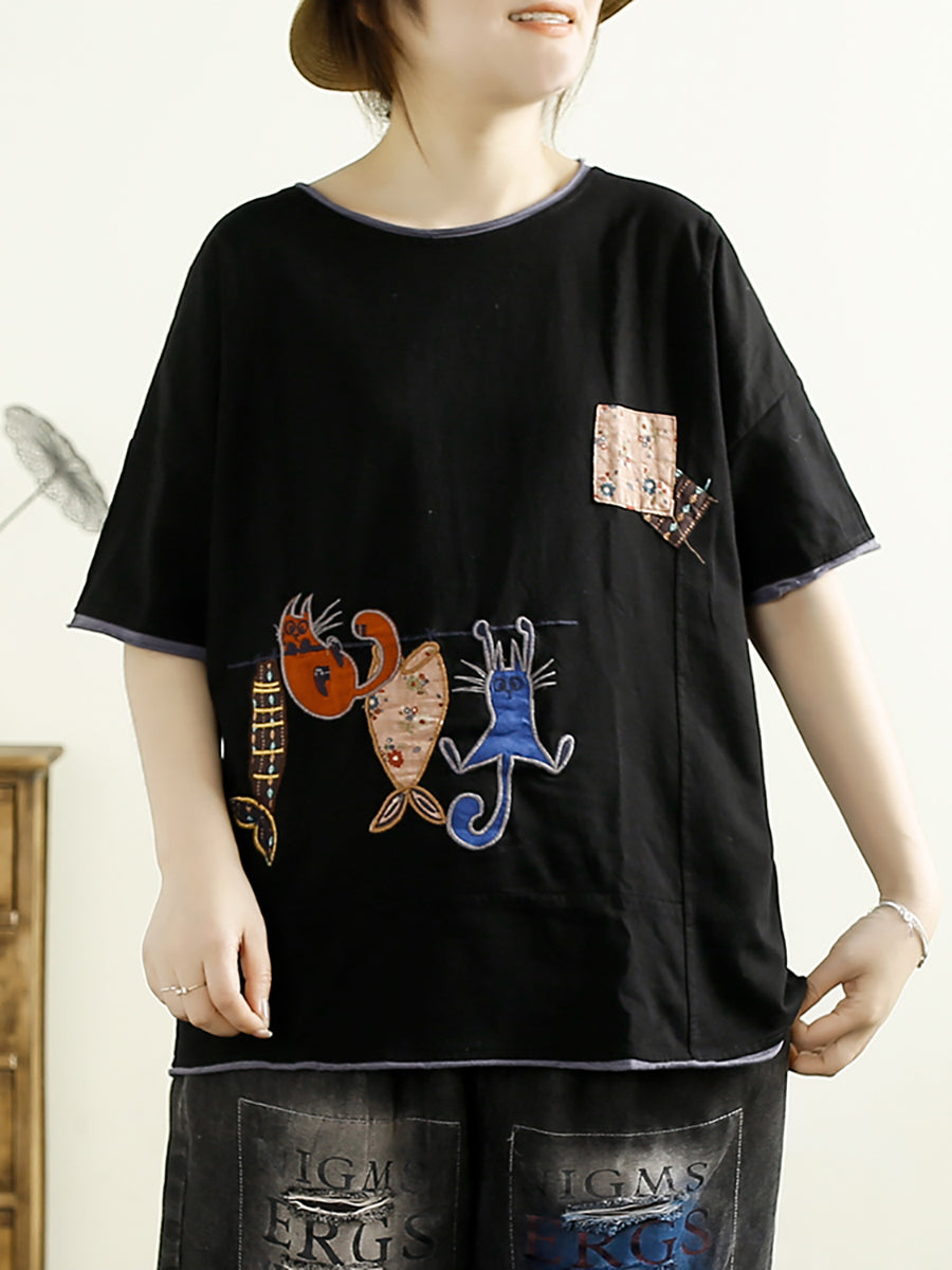 Women Summer Casual Cat Fish Spliced Cotton Shirt CV1038