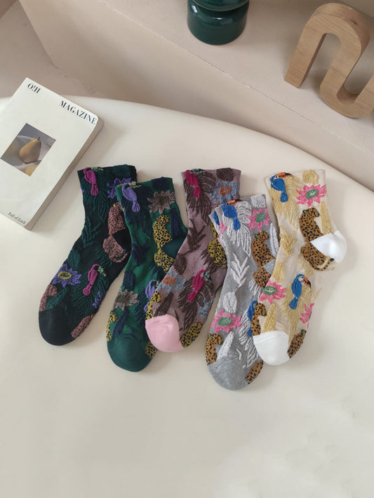 5 Pairs Women Winter Flower Animals Jacquard Socks AX1061