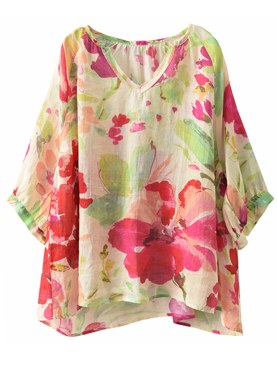 Women Summer Flower V-Neck Ramie Loose Shirt OO1035