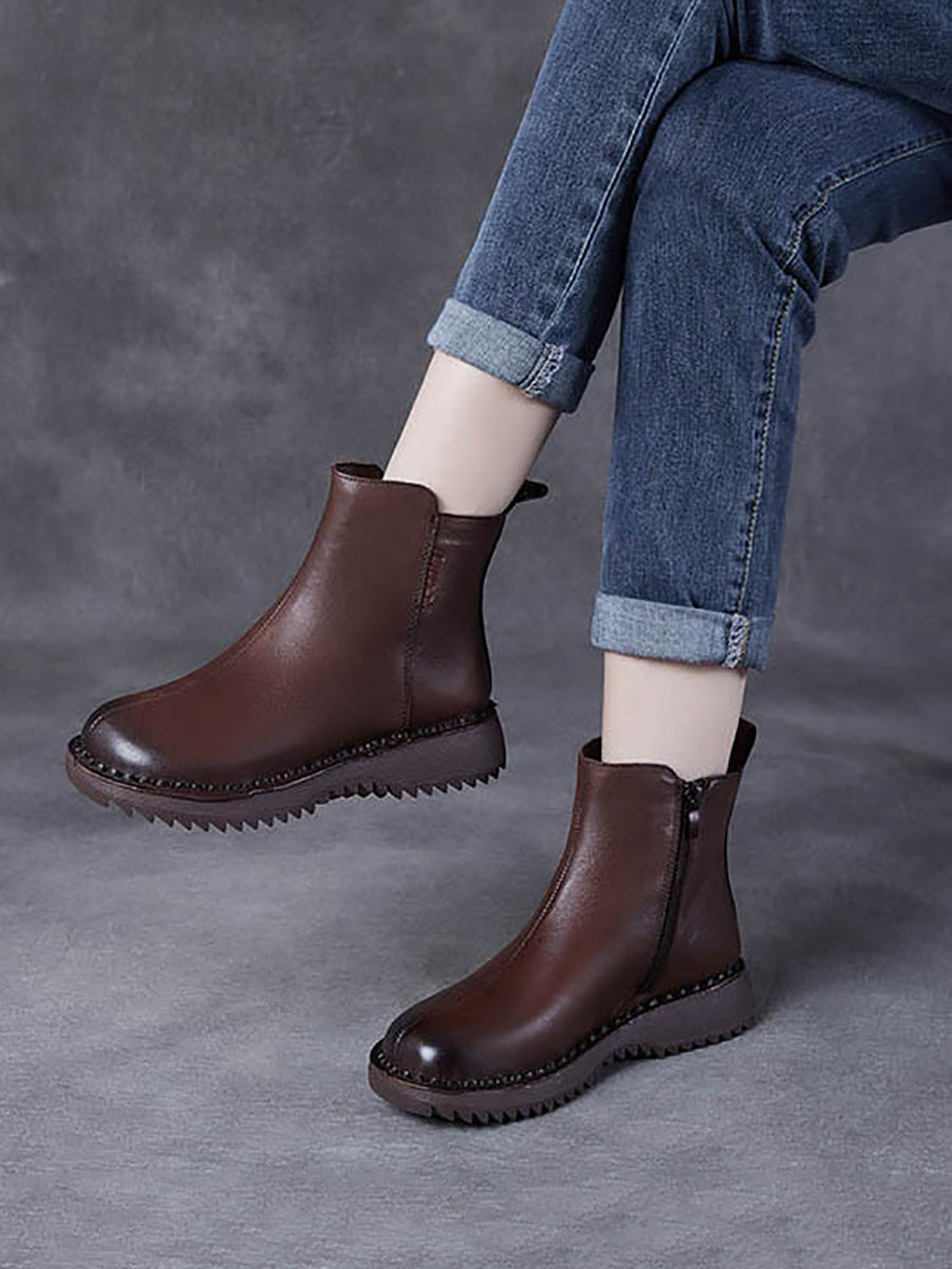 Women Retro Genuine Leather Zippper Mid-Heel Boots