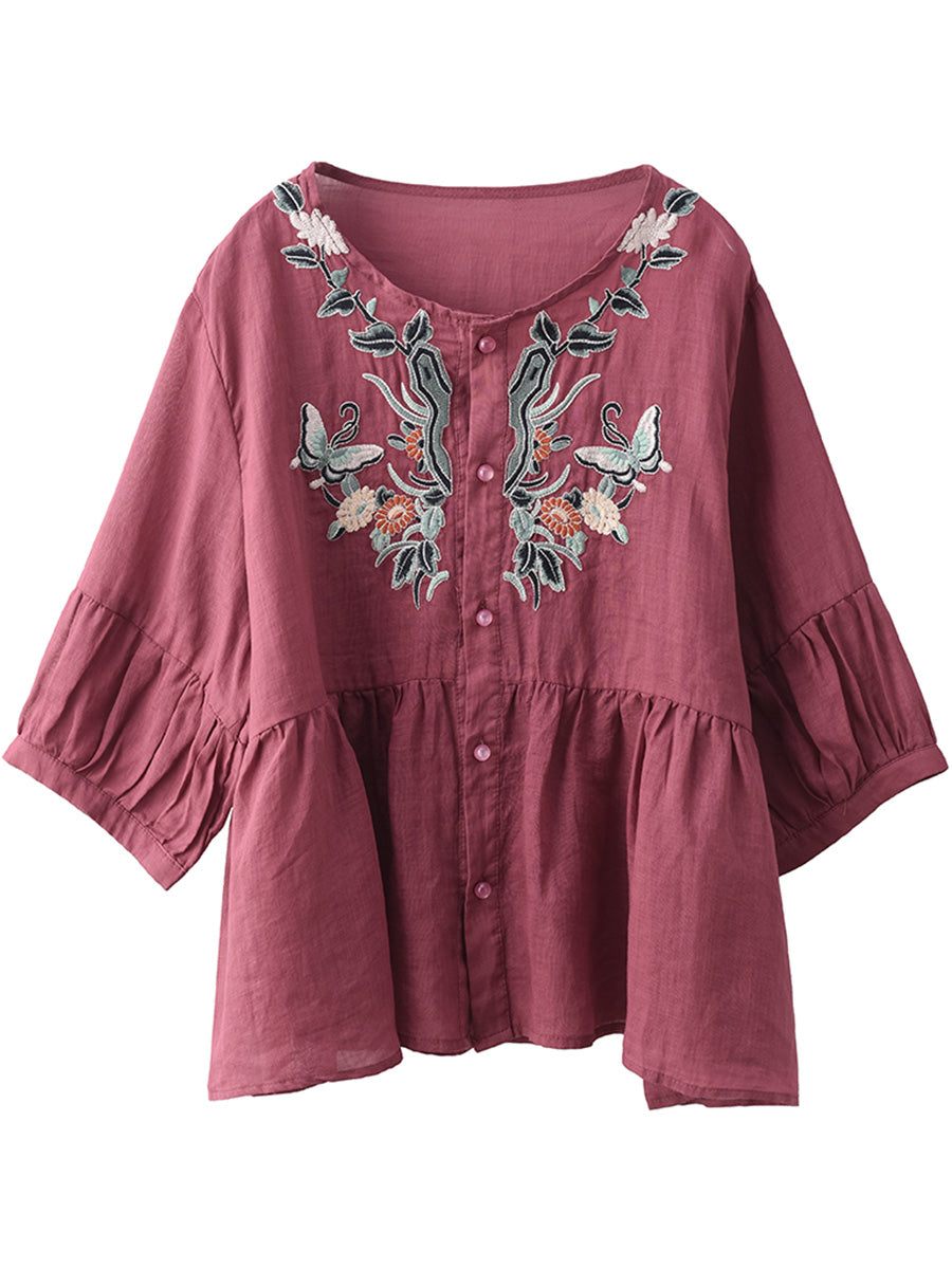 Women Ethnic Flower Embroidery Summer Ramie Shirt QW1015