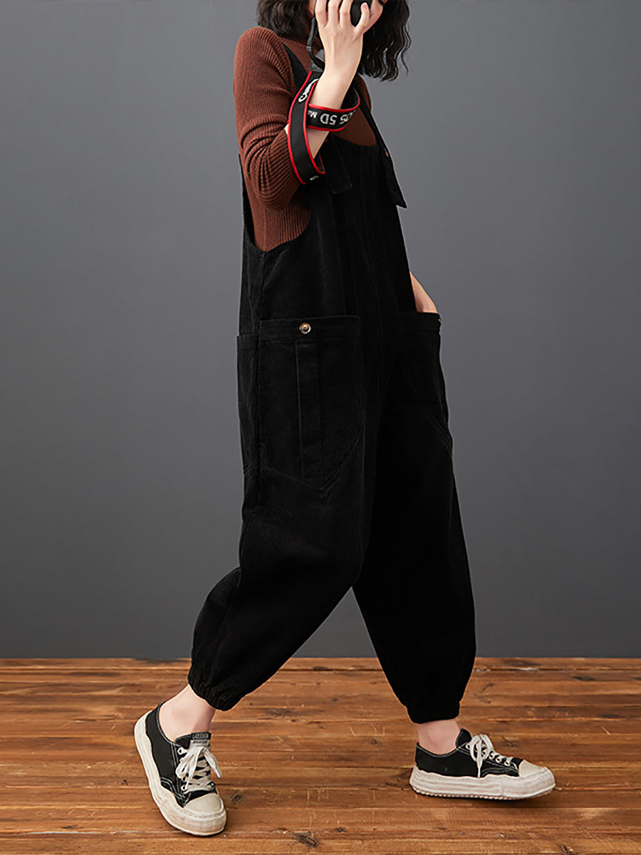 Women Commute Autumn Solid Corduroy Loose Jumpsuits AK1022