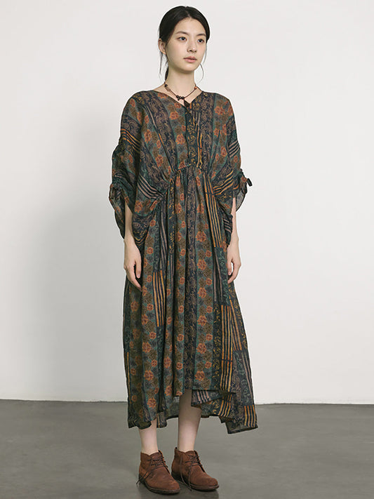 Übergröße Damen Sommerkleid mit künstlerischem Print und V-Ausschnitt aus Ramie LL054