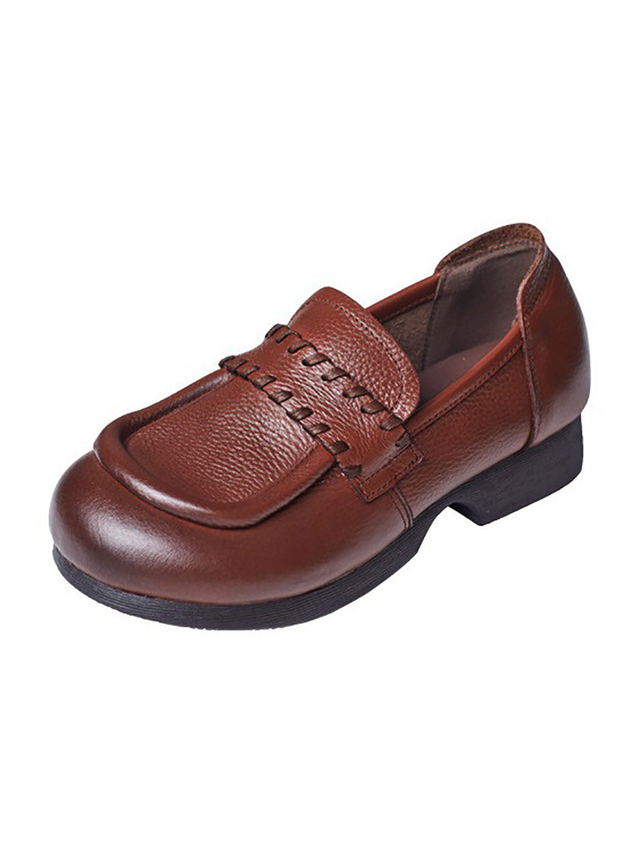 Women Vintage Genuine Solid Leather Low Heel Shoes BA1055