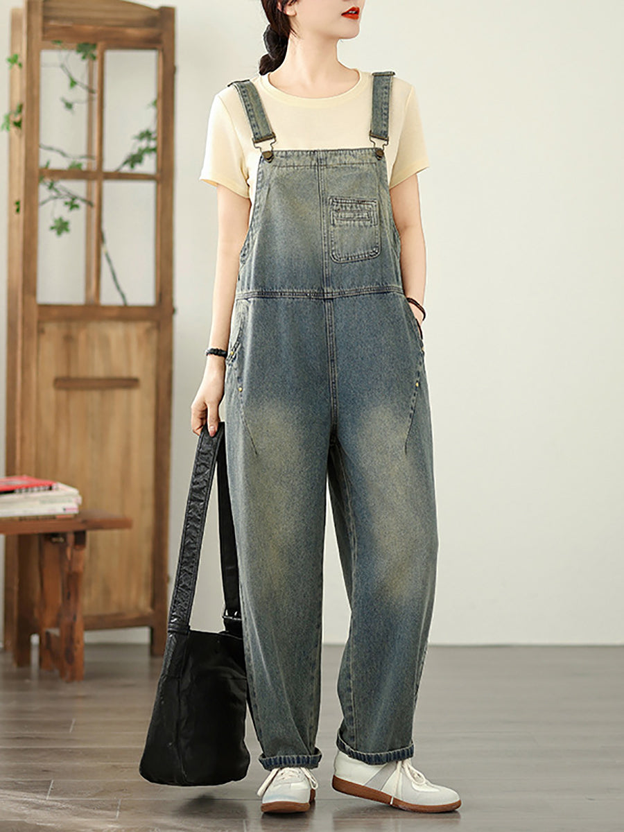 Women Pure Straight Summer Jumpsuits Color Denim Casual