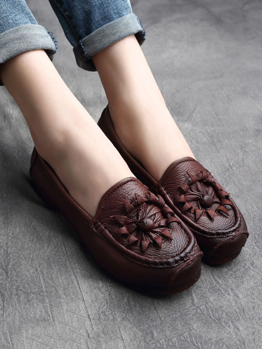 Women Vintage Flower Genuine Leather Low Heel Shoes AS1005