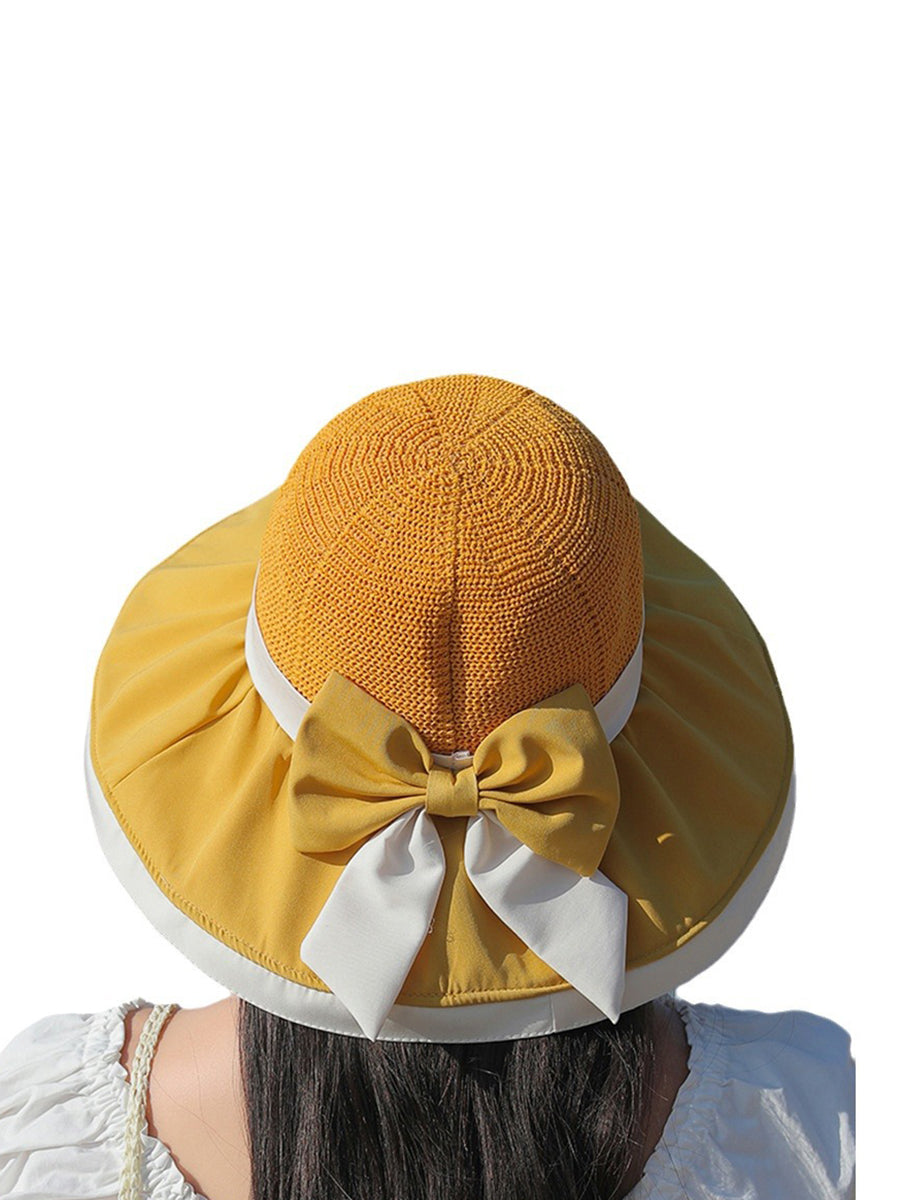 Women Summer Colorblock Large Brim Bowknot Hat WE1003