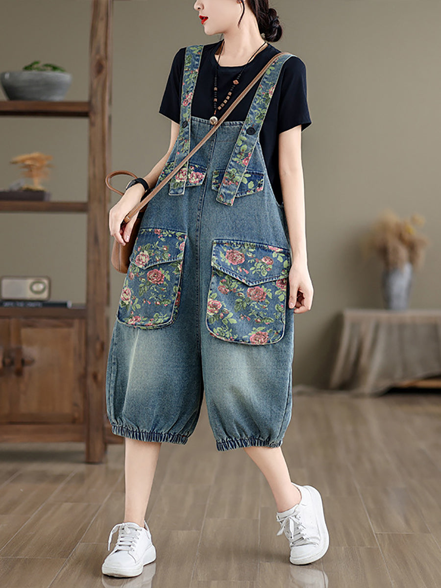 Women Summer Retro Flower Spliced Denim Jumpsuits ZZ1021