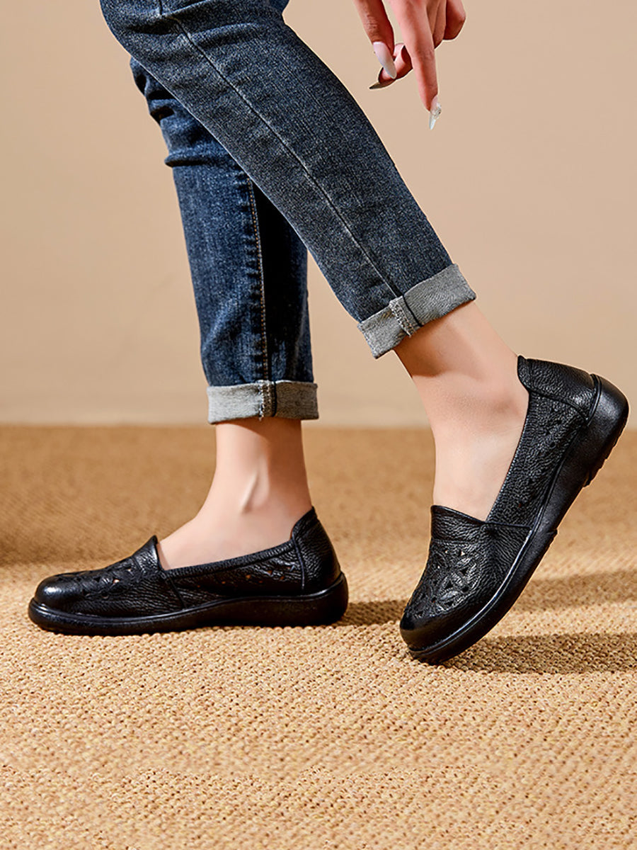 Heel Flower Leather Women Mid Shoes Soft Summer