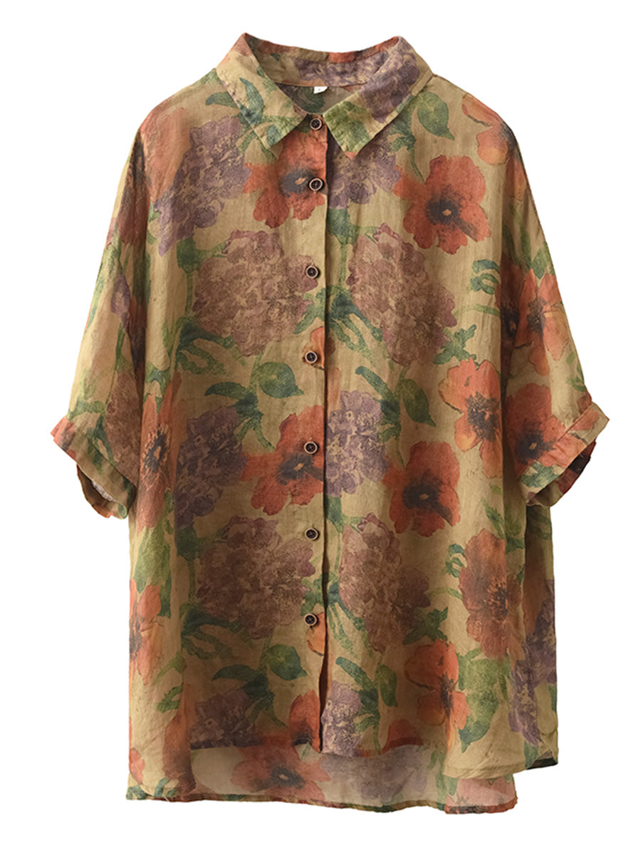 Chemise d'été en ramie épissée à motif floral vintage pour femme FD039