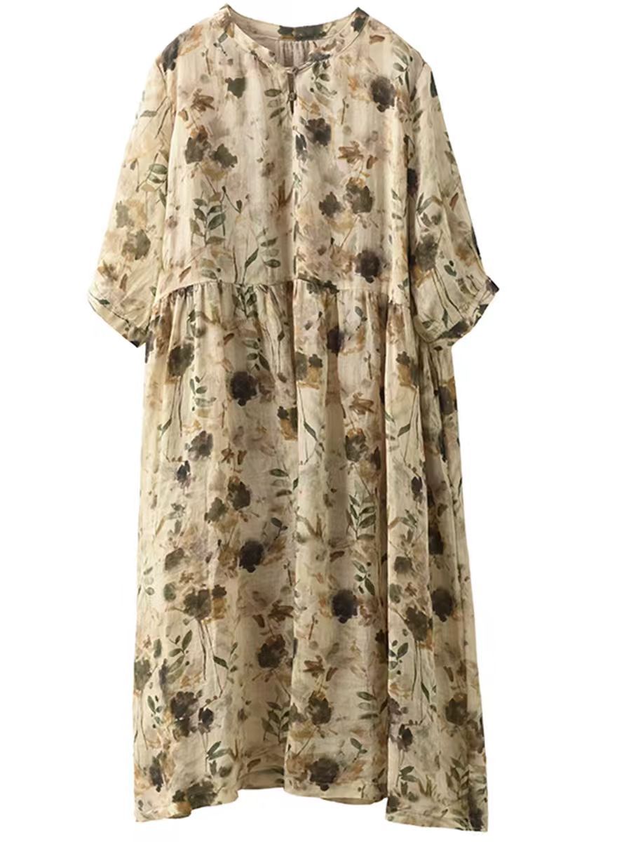 Women Summer Artsy Floral V-Neck Loose Ramie Dress LL020