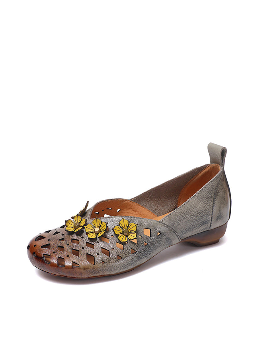 Out Hollow Flower Leather Ethnic Low Women Shoes Heel