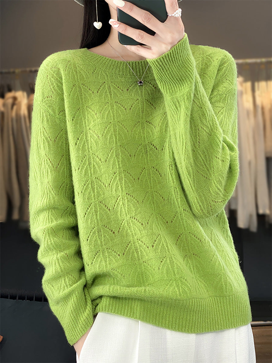 Women Autumn O-Neck Wool Hollow Out Knit Sweater AX1078