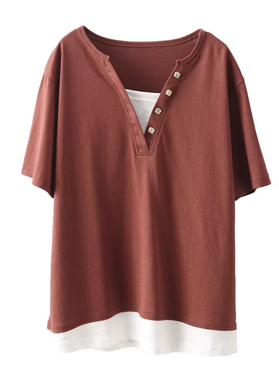 Women Casual Colorblock Pullover V-Neck Cotton Shirt AS1001