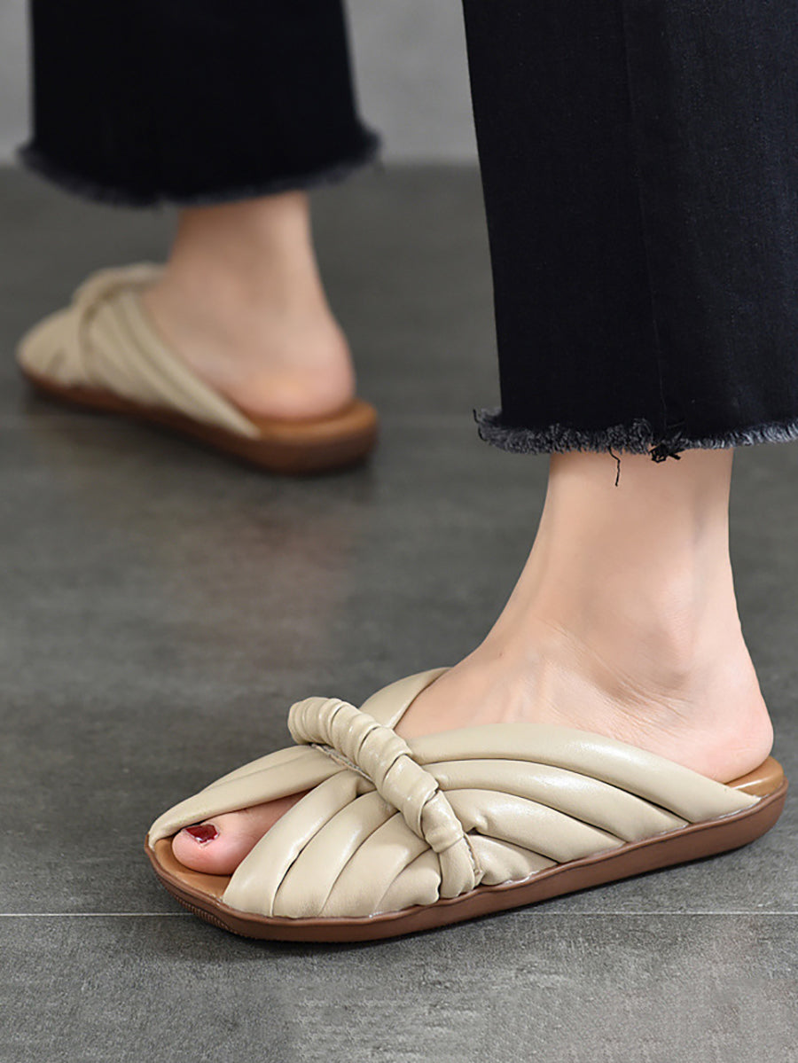 Women Summer Solid Leahter Weave Flat Slippers UI1022