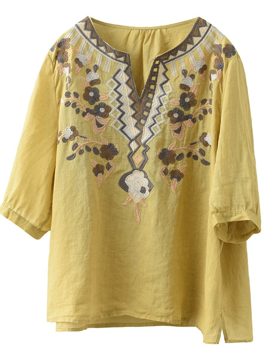 Women Summer Ethnic Flower Embroidery Ramie Shirt BN1009