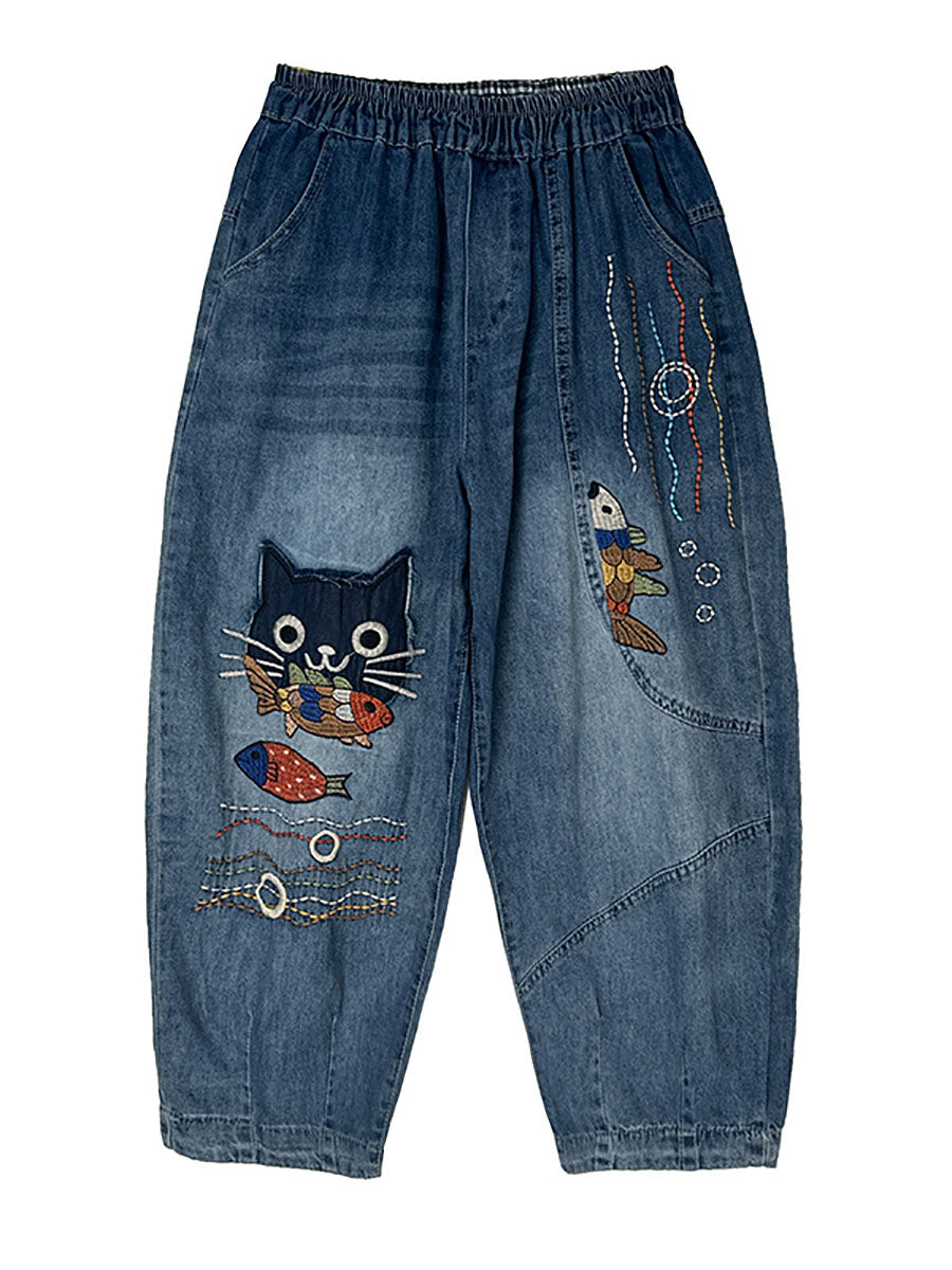 Women Autumn Casual Cat Patch Spliced Denim Harem Pants AV1004