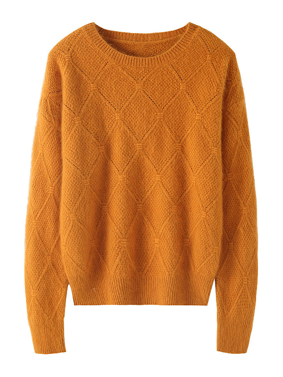 Women Autumn O-Neck Solid Rhomboids Wool Warm Knit Sweater AV1010