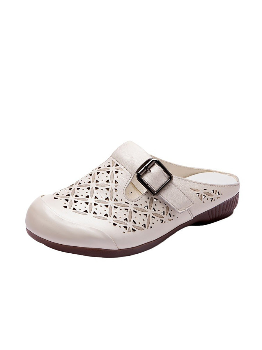 Women Leather Hollow Vintage Shoes Low Genuine Out Heel