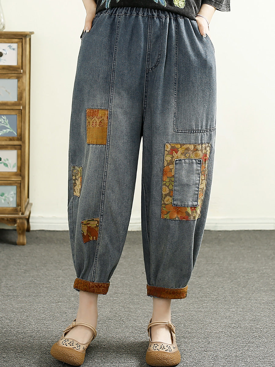 Women Summer Vintage Patch Spliced Denim Harem Pants HH040