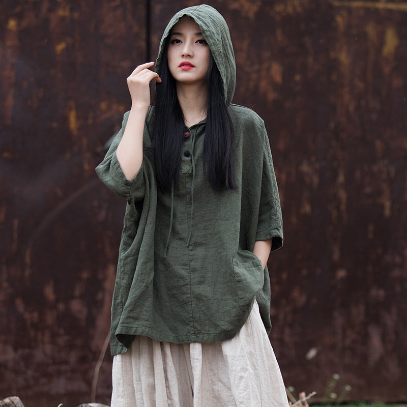 Women Summer Retro Solid Loose Hooded Ramie Shirt CC045