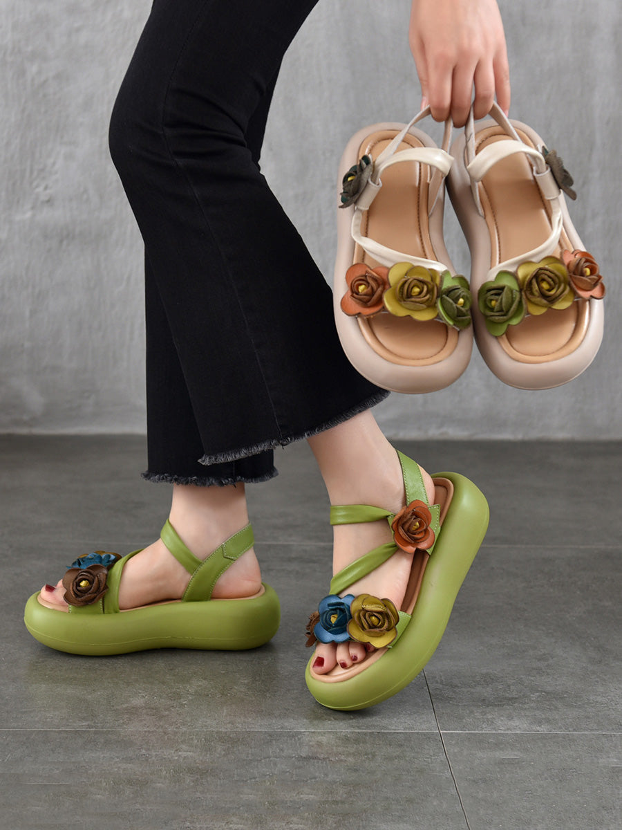 Leather Vintage Sandals FLower Platform Women