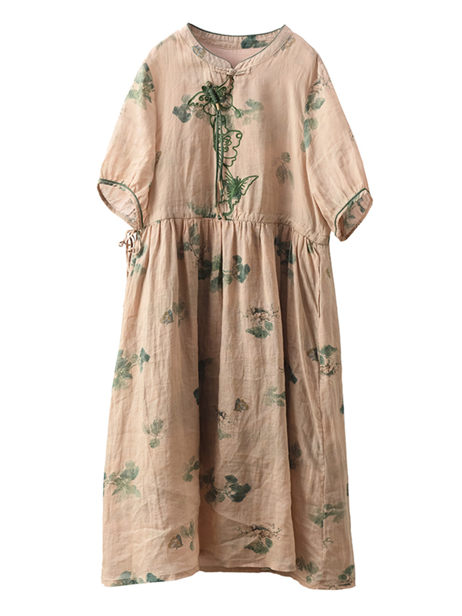 Women Summer Vintage Butterfly Embroidery Ramie Dress PP1036