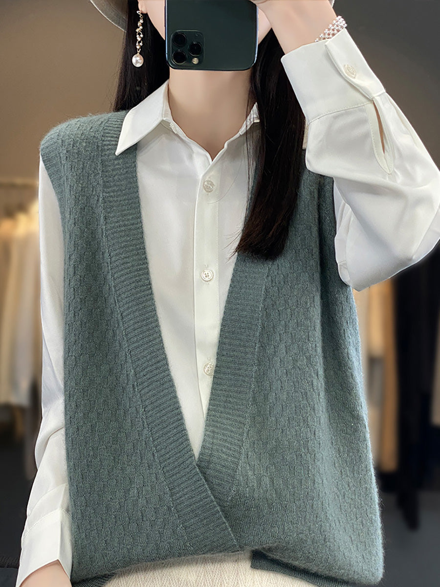 Women Casual Wool Solid V-Neck Irregular Hem Knit Vest AX1079