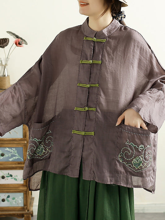 Women Summer Vintage Embroidery Ramie Shirt QW1045