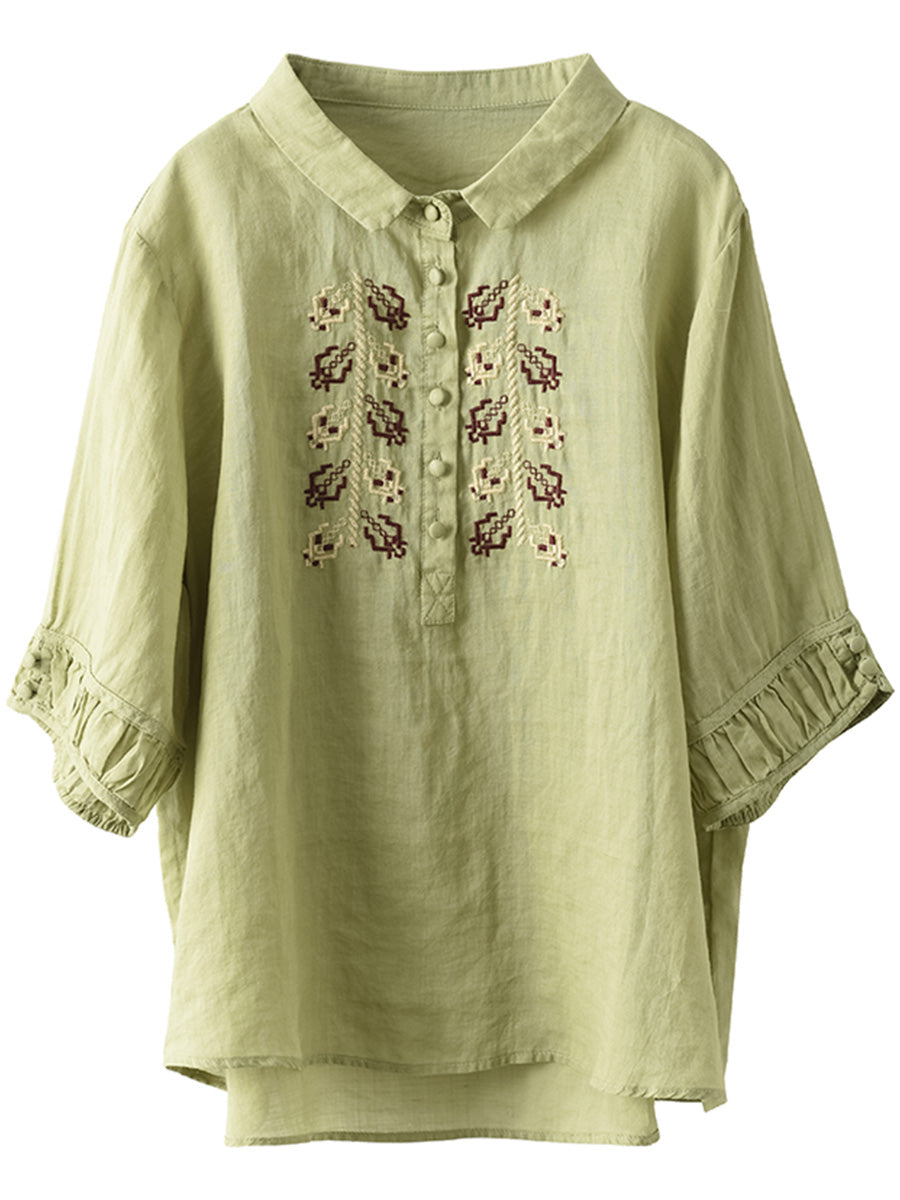 Women Summer Vintage Embroidery Turn-down Collar Ramie Shirt FD017