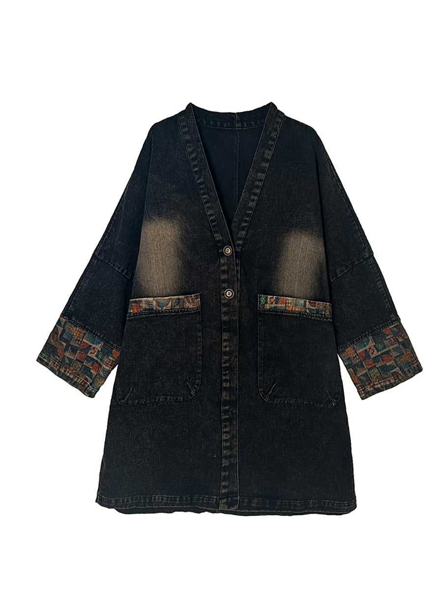 Women Autumn Casual Patchwork V-Neck Pocket Denim Coat AX1056