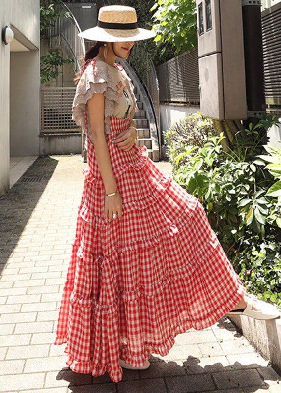 Plaid Button Red Slash neck Stylish Sleeveless Layered Dresses