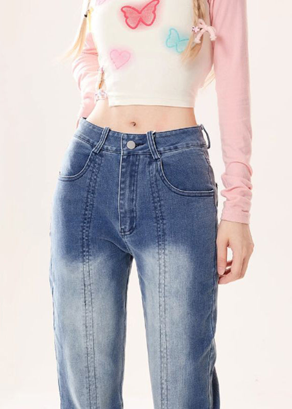 Denim Patchwork Style Blue Embroidered Butterfly Bottoms Flare