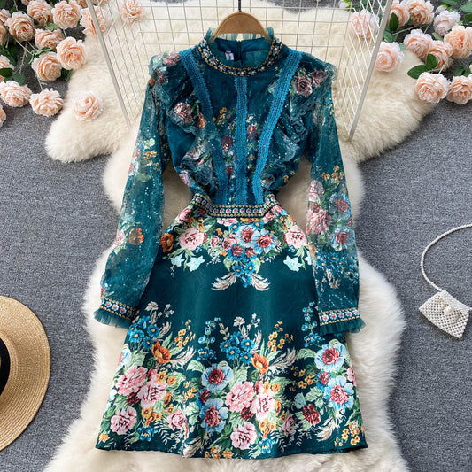 French Green High Neck Lace Stitching Beaded Floral Print Long Sleeve Dress