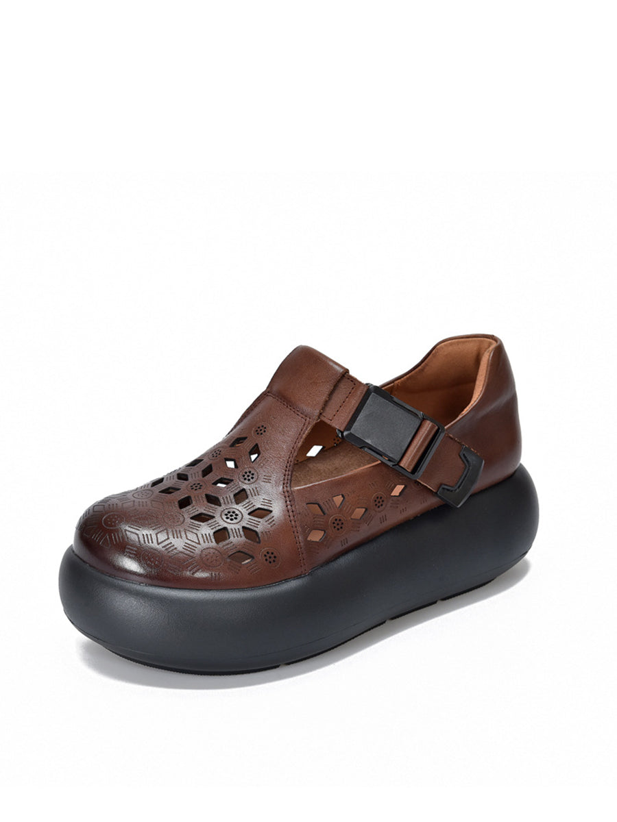 Hollow Out Leather Platform Genuine Casual Women Summer Shoes