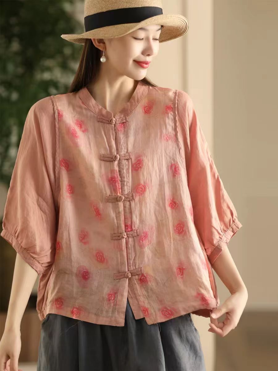 Damen Sommer Vintage Blumen Gespleißtes Button-up Ramie Hemd FD042