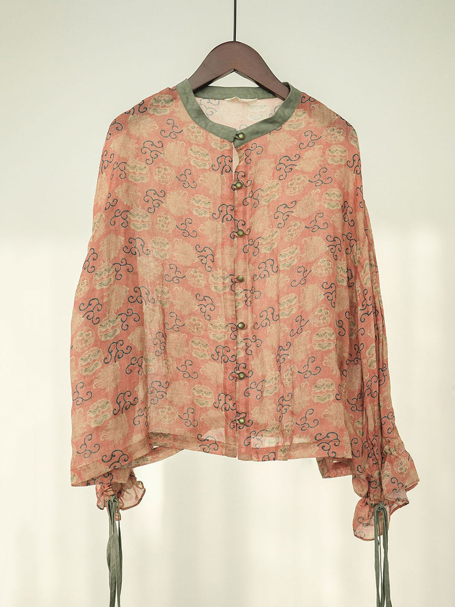 Women Summer Vintage Flower Embroidery Ramie Shirt TY1032