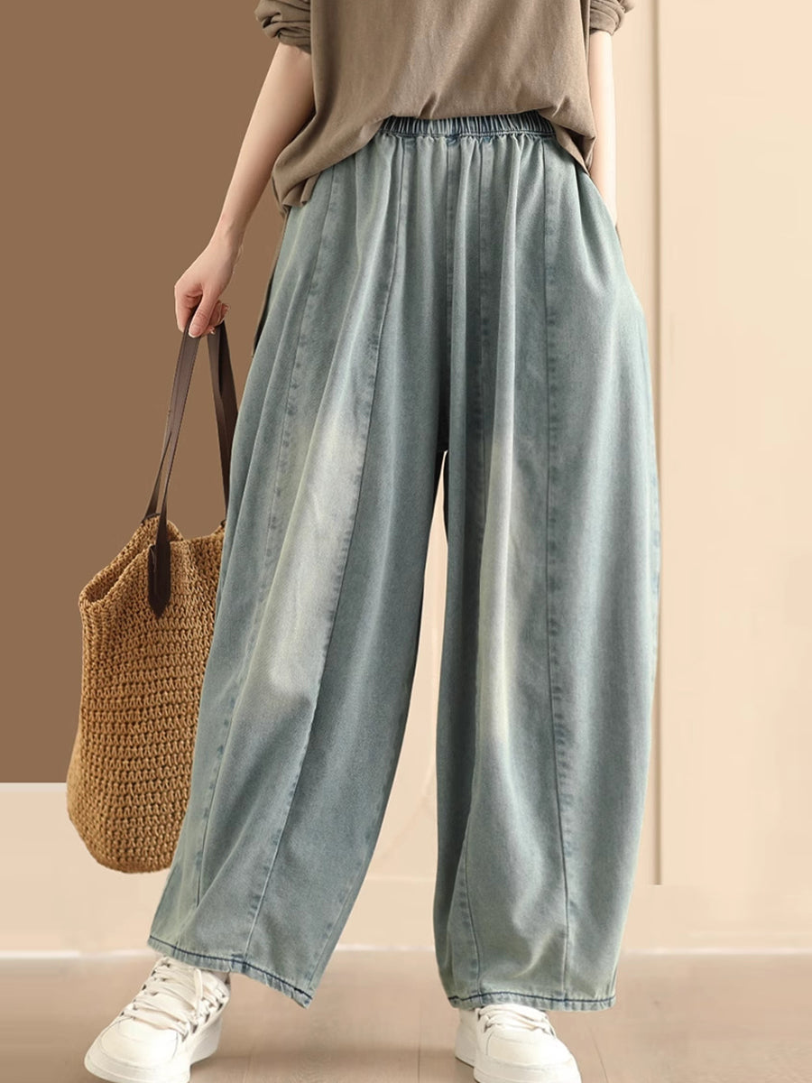 Women Vintage Washed Spliced Denim Wide-leg Pants QW1007