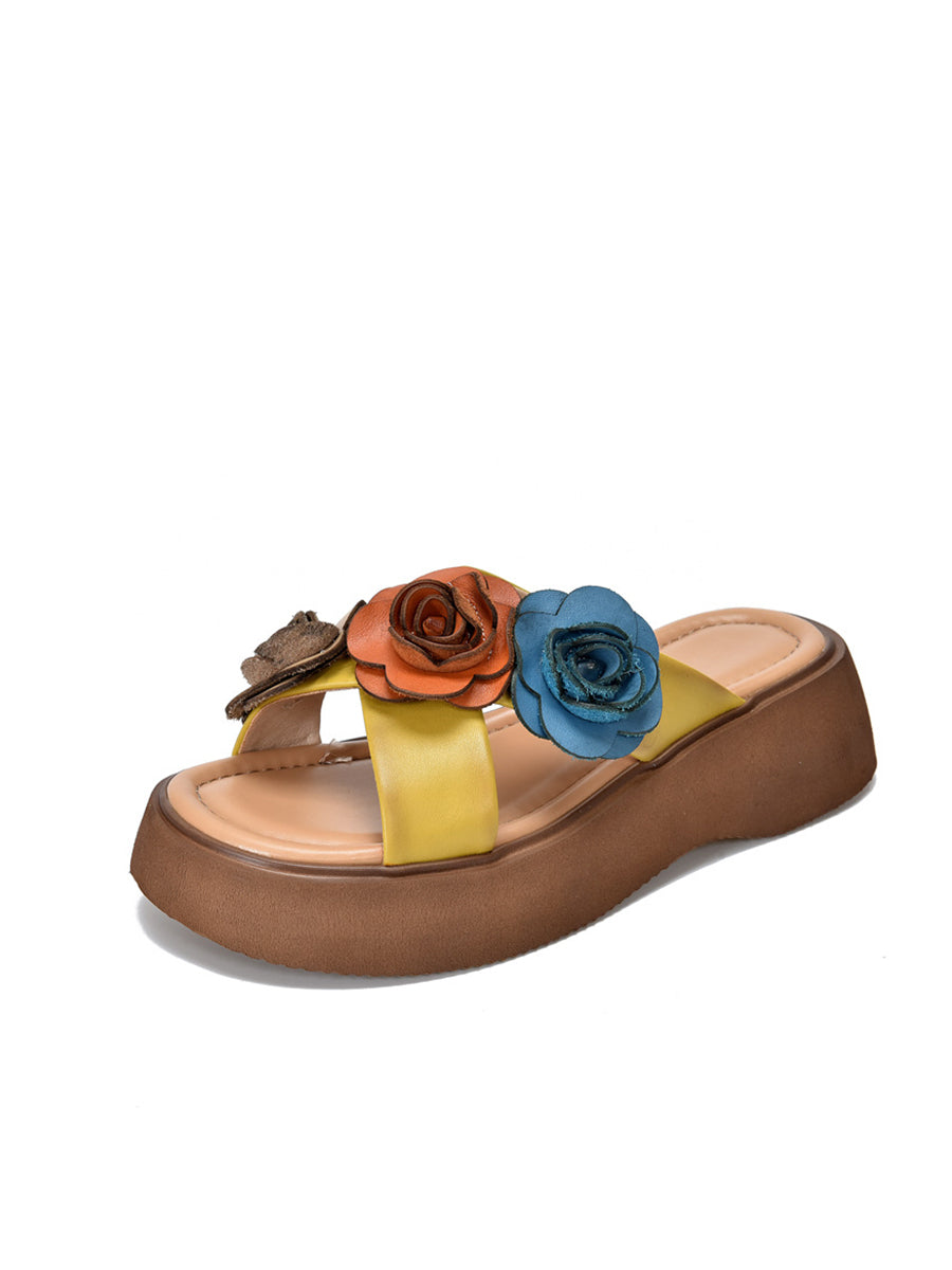 Platform Spliced Leather Summer Women Slippers Flower