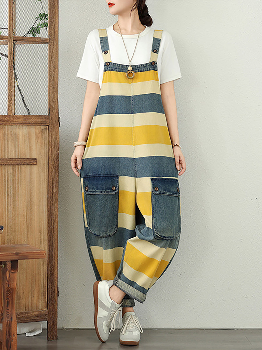 Jumpsuits Stripe Colorblock Summer Women Denim Loose