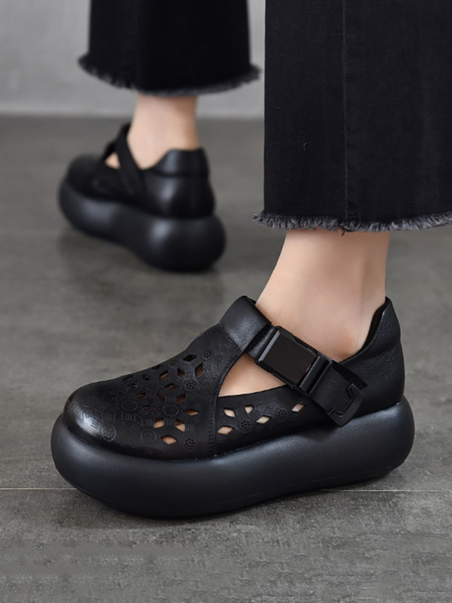 Hollow Out Leather Platform Genuine Casual Women Summer Shoes