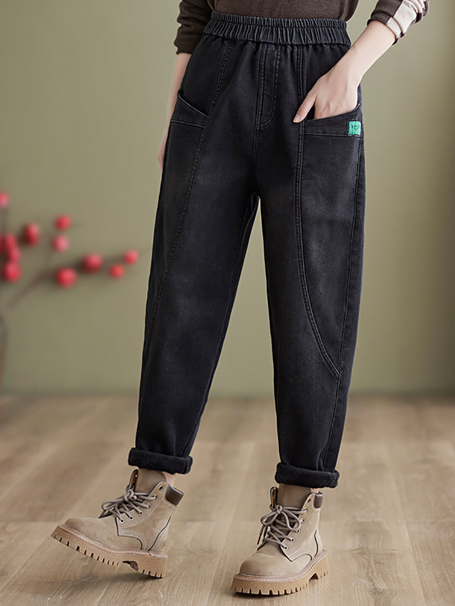 Women Autumn Vintage Solid Fleece-lined Harem Pants QN025