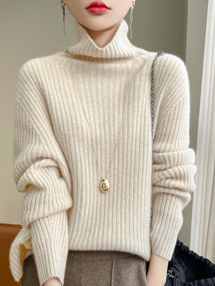 Women Autumn Casual Solid Turtleneck Wool Knit Sweater AX1086